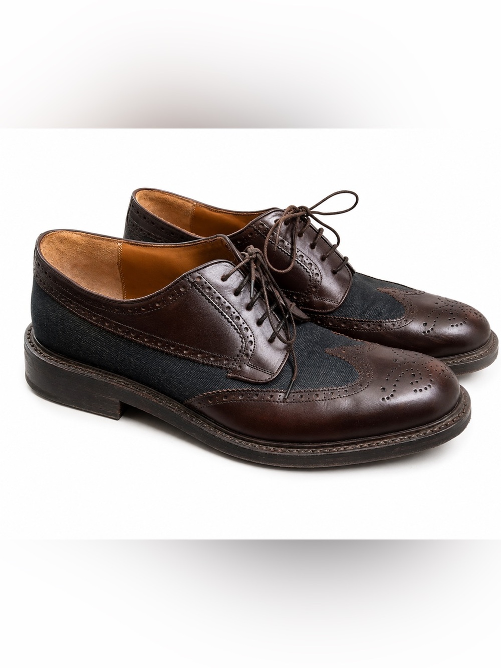 Salvatore Ferragamo Brown Leather and Canvas Wingtip Derby Oxfords 10 2E (wide)